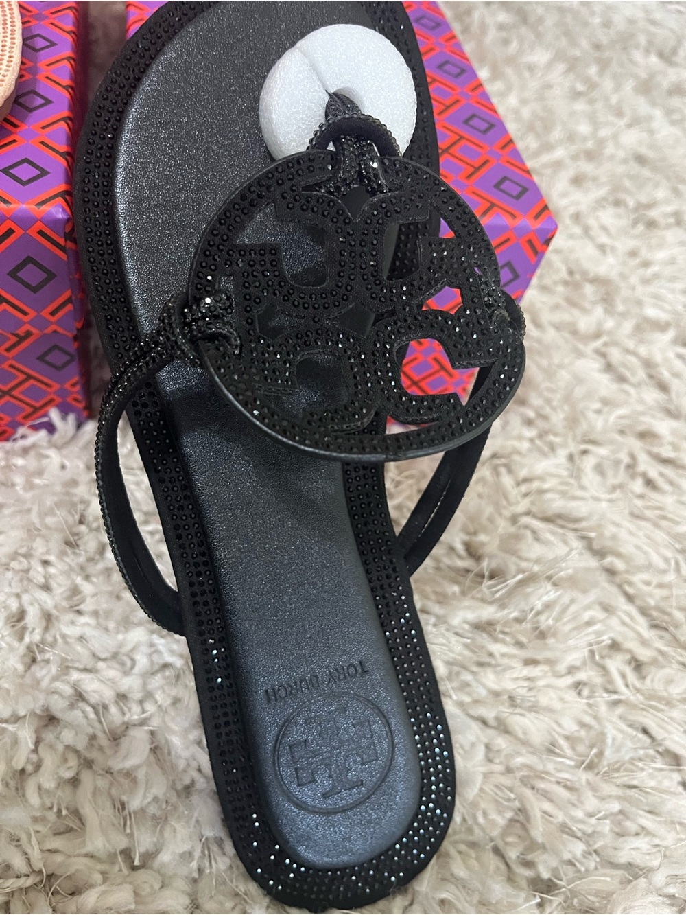 Tory Burch Black Crystal Logo Slide Sandal
